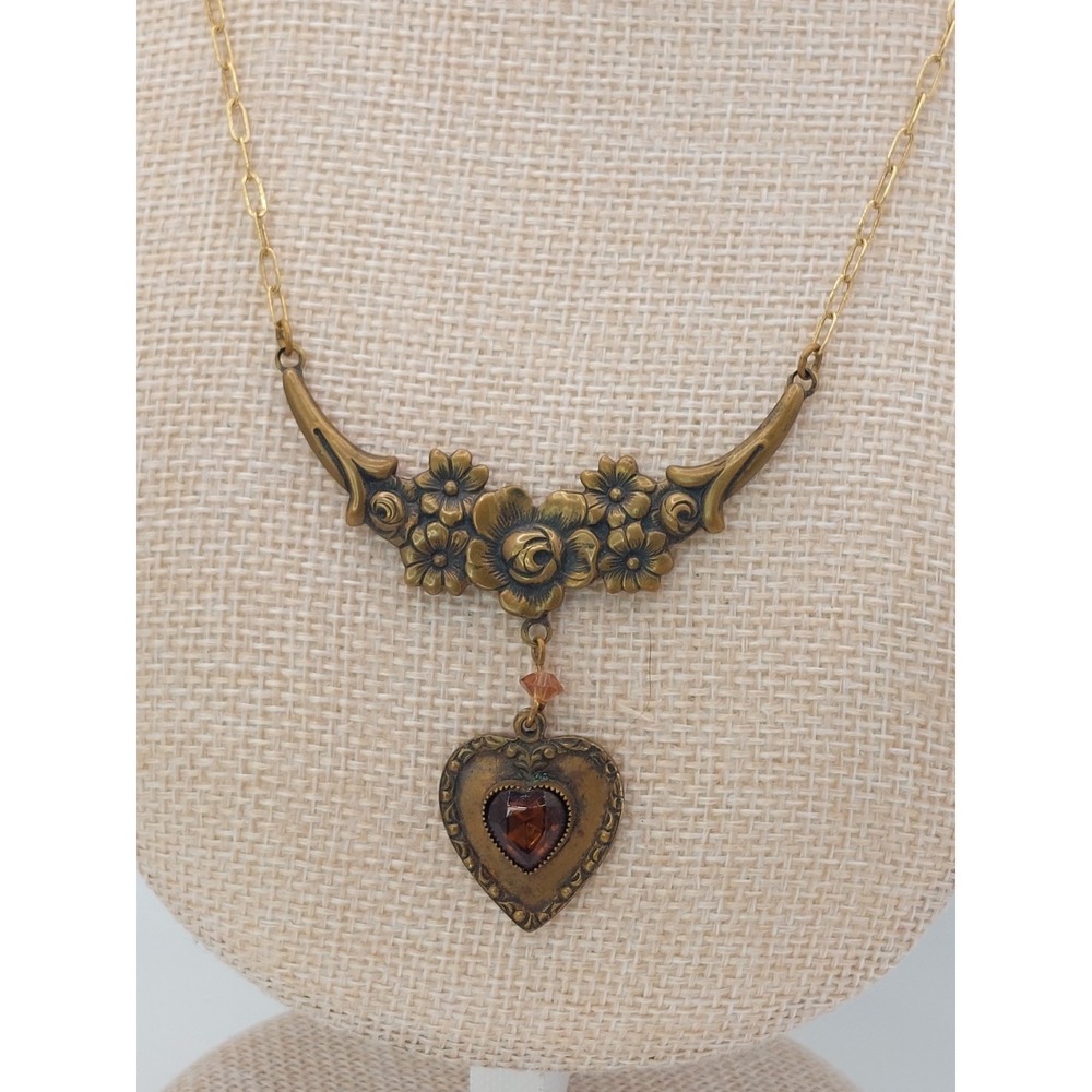 Art Nouveau Revival Floral Amber Heart Necklace Brass Pididdly Links NY Vintage